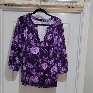 Crown & Ivy Women's Purple Floral Faux Velvet, Velour Blouse Oversized M
